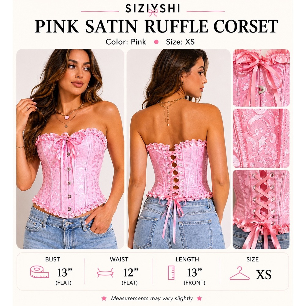 SZIVYSHI Pink Jacquard Corset Top XS Ruffle Lace Up Bustier Regencycore Coquette
